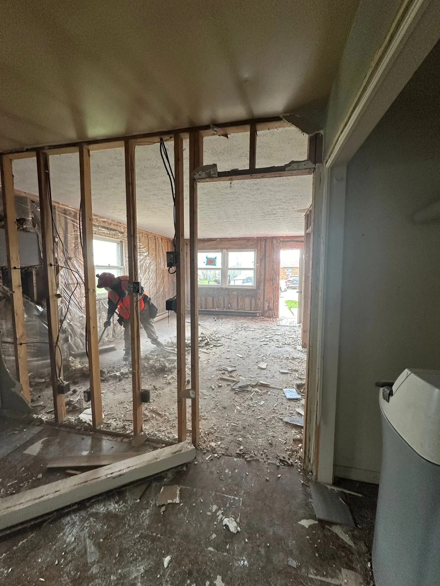 Home interior gutted to the studs during a TG Renovates whole-home remodel